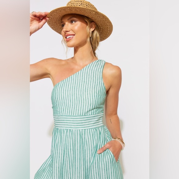 Francesca’s Collections Jada Striped One Shoulder Midi Dress - Picture 2 of 11